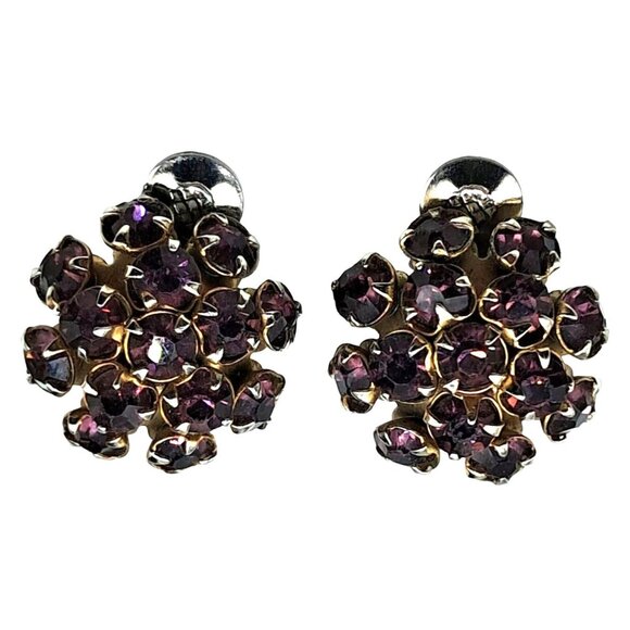 Vintage Purple Rhinestone Earr Gold-Tone Clip-On Earrings With Purple Rhinestone - Picture 1 of 8